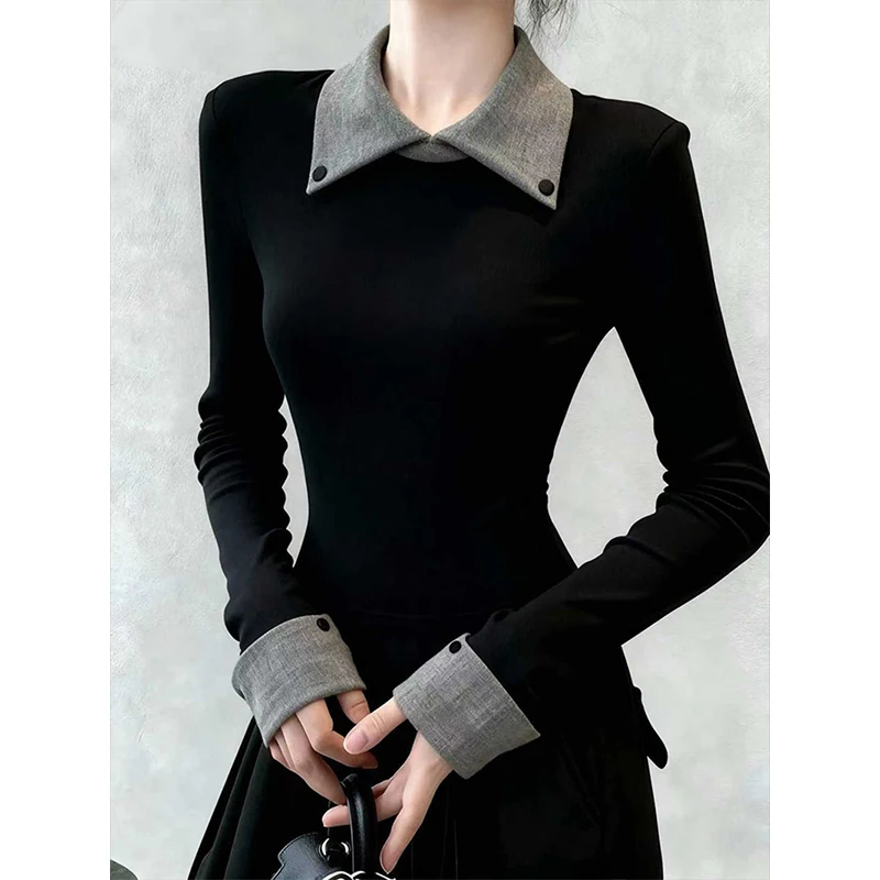 Streetwear Black T Shirts Women Fashion Patchwork Fleece Tops Korean Long Sleeve Tees Autumn Winter Slim Design Clothes