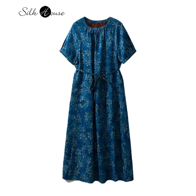 

Fashion Women's Clothing 100% Natural Mulberry Silk Gambiered Guangdong Gauze Lace Up Round Neck Short Sleeved A-line Dress