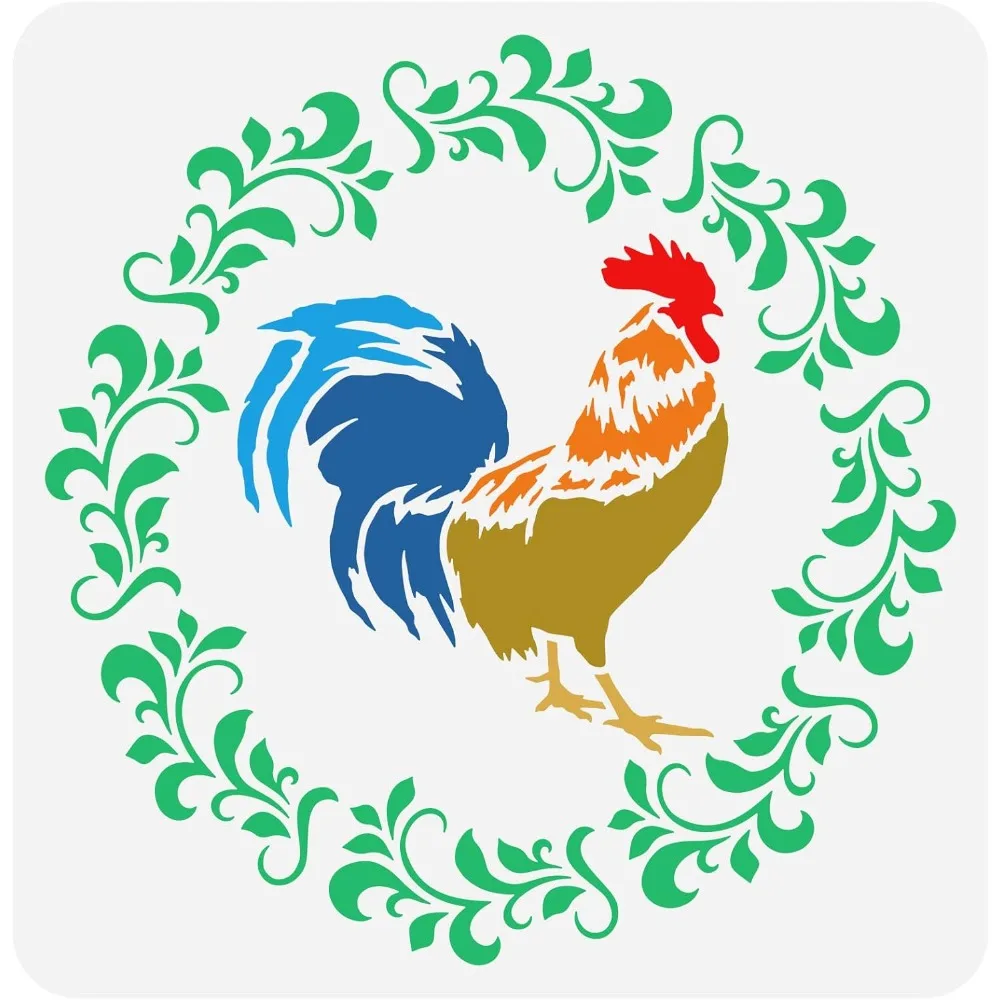 Wreath Rooster Stencil 11.8x11.8inch Reusable Rooster and Garland Drawing Stencil DIY French Rooster Decoration Template Farm