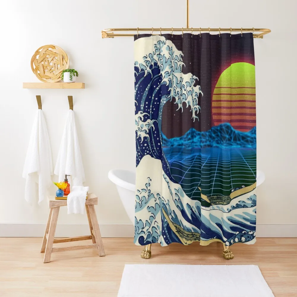 Synthwave Space: The Great Wave off Kanagawa Shower Curtain In The Bathroom Washable Waterproof Fabric Shower Curtain