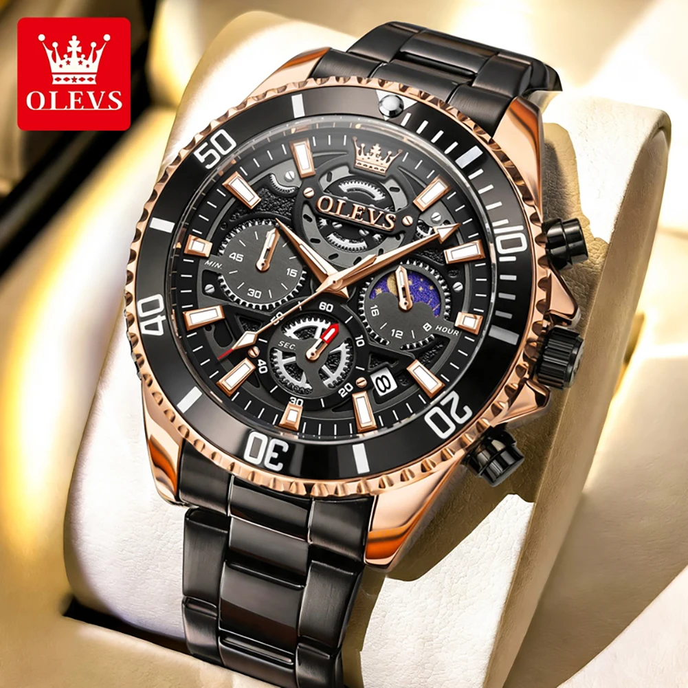 

OLEVS Brand Men's Watch Luxury Original Chronograph Quartz Watch Men's Stainless Steel Calendar Moon Phase Fashion Watch Men