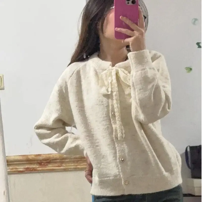 فتاة شريطة من الدانتيل سترة الأميرة موضة طويلة الأكمام محبوك قميص تنوعا ربيع الخريف الملابس خارج قميص سترة #3