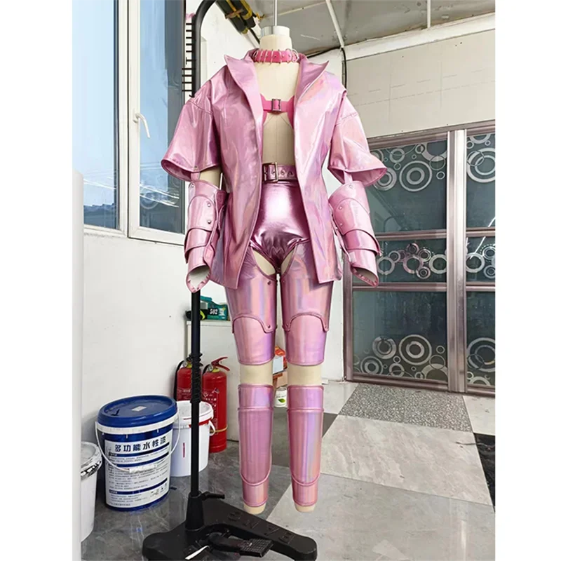 Pink Laser Gogo Dance Clothing Singer Dancer Stage Costume Women Leather Jacket Hollow Out Pants Rave Carnival Clothing