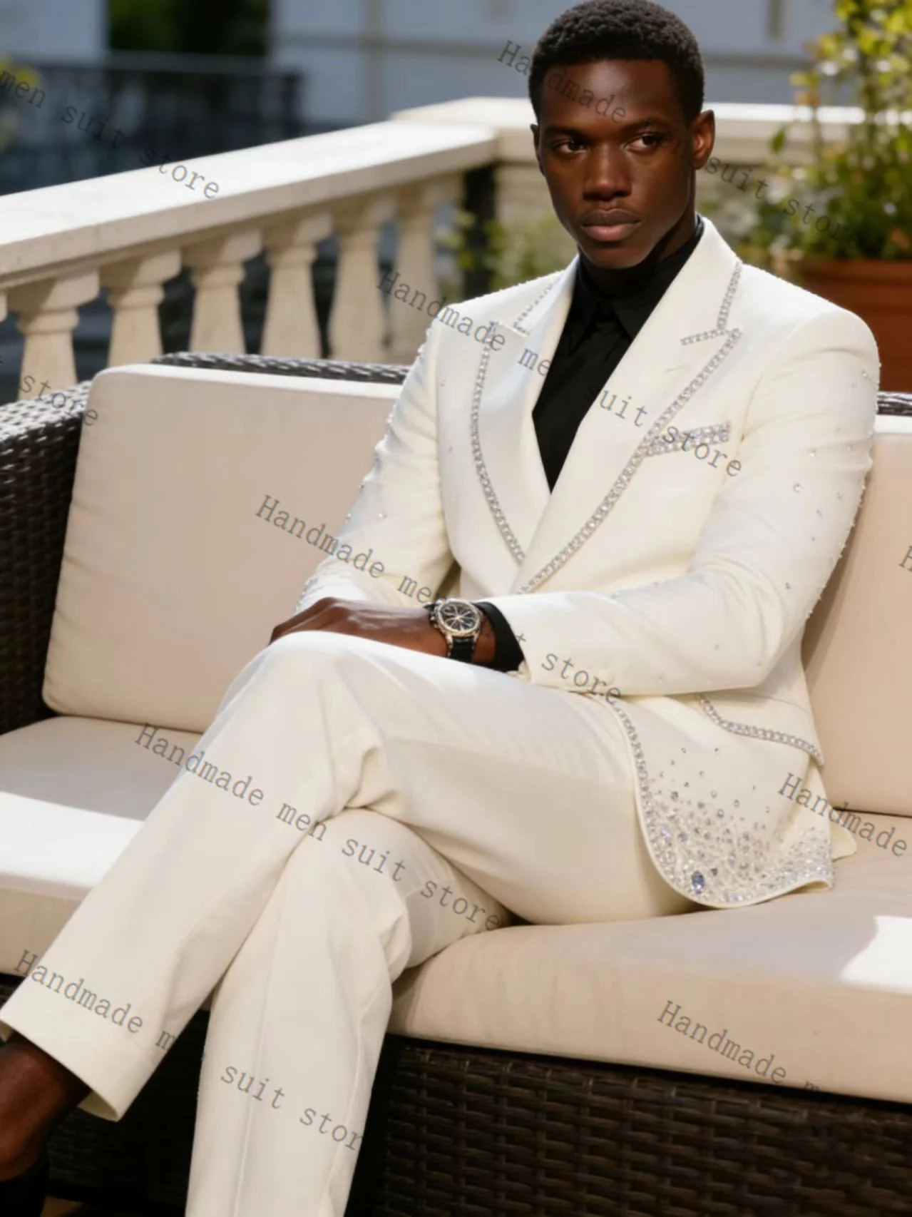 

White Crystals Men Suit Set 2 Piece Blazer+Cotton Pants Spring Prom Wedding Tuxedos Coat Customized Formal Office Fashion Jacket