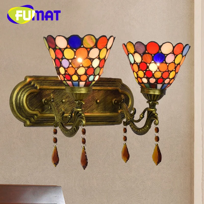 FUMAT Tiffany style stained glass Bohemian double head crystal sconce light  Dining Room Bedroom headboard hallway LED decor