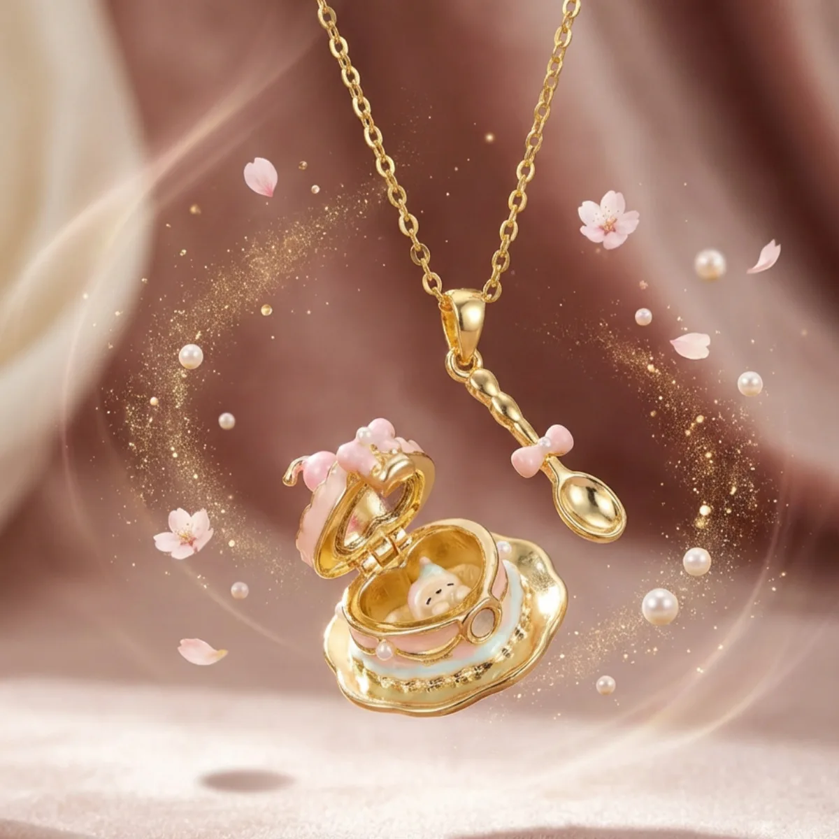 New Fashion Cup Teaspoon Box Open Pendant Necklace Clavicle Chain Enamel Sweet Girl Birthday Gift Necklace Jewelry MOM Necklace