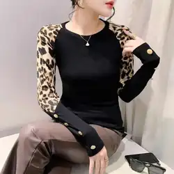 #8114 Spring Leopard Long Sleeve T Shirt Women Round Neck Stretch Skinny T-shirt Female Split Joint Streetwear T-shirt Vintage