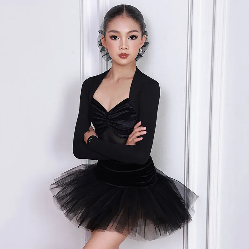 

Kids Girls Latin Dance Costume Backless Jumpsuit and Mesh Skirts Socks Performance Training Standard Professional Dancewear