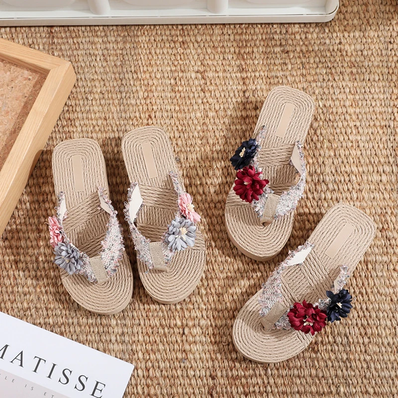 Women's Slippers Summer Small Fragrance New Casual Flip-flops Outer Wear Thick-soled Wedge Heel Embossed Bohemian