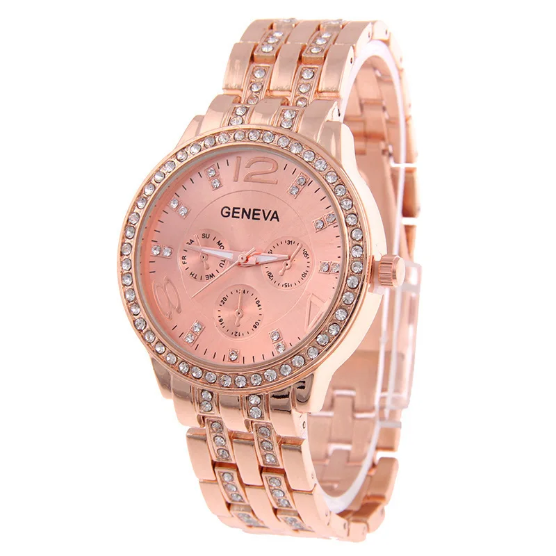 Fashion Light Luxury Diamond-encrusted Women's Watch Steel Belt Three-eye Quartz Watch
