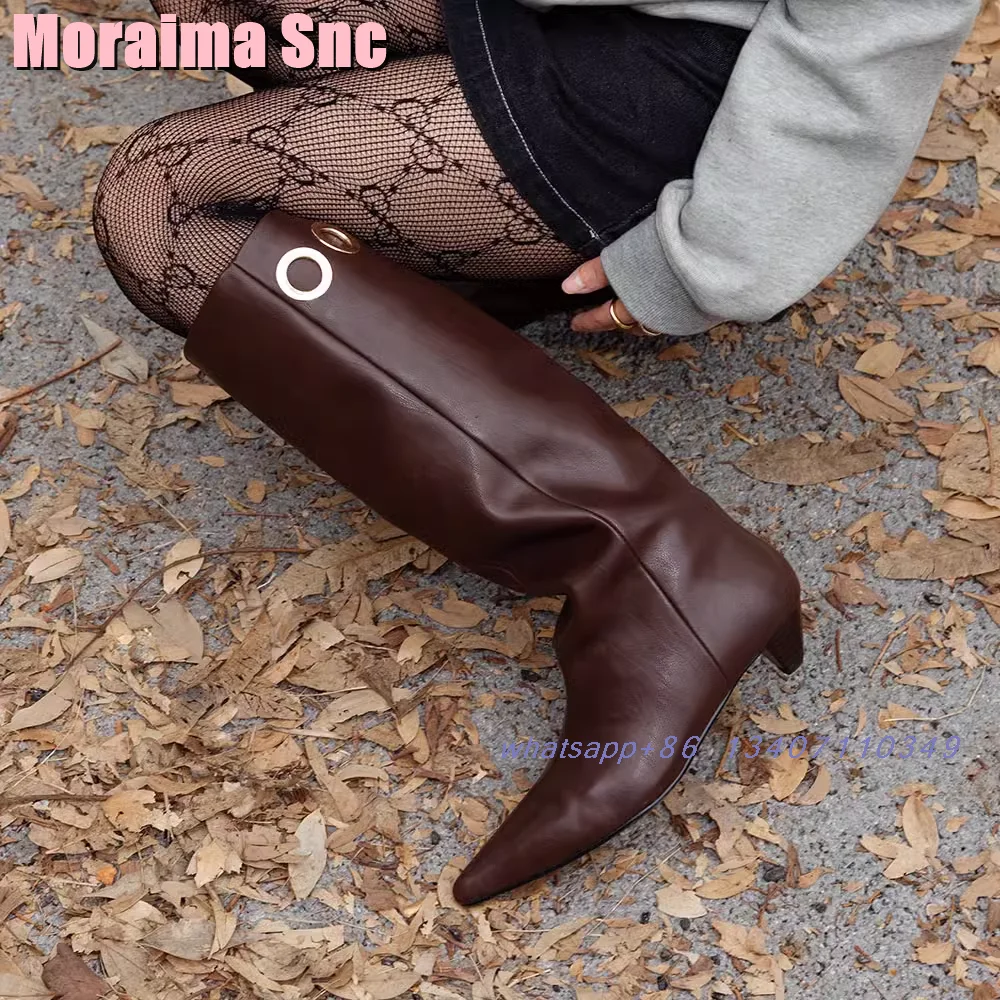 Eyelet Decor Pointed Toe Knee High Boots Strange Low Heel Slip On Fashion Women's Long Modern Boots Autumn Winter Brown Plained