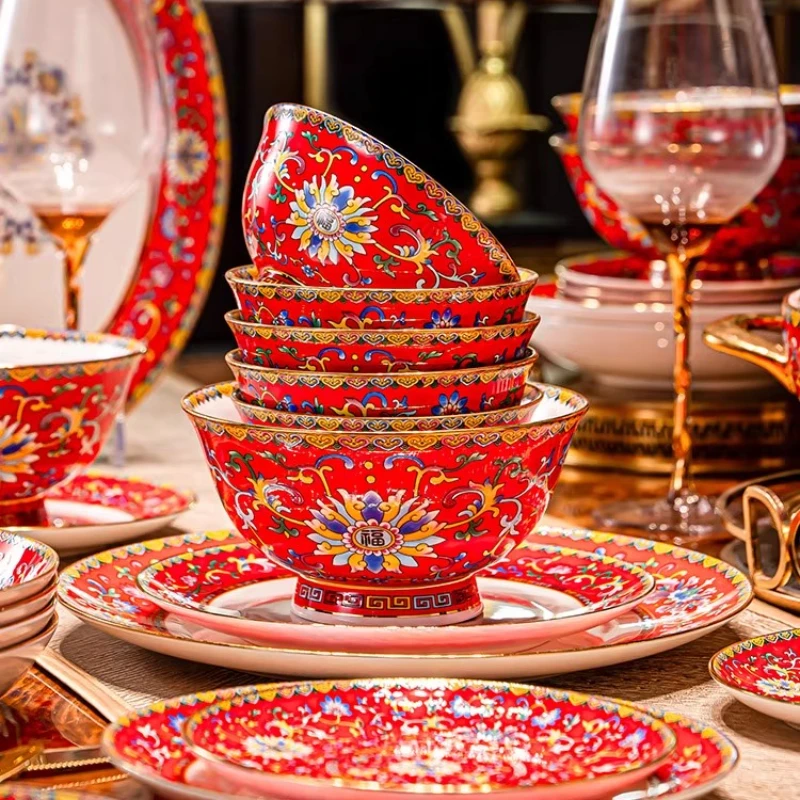 

Enamel-coloured Tableware Set Red Weddings Housewarming For Home Use Jingdezhen Chinese-style High-end Bone China Gift Box Set