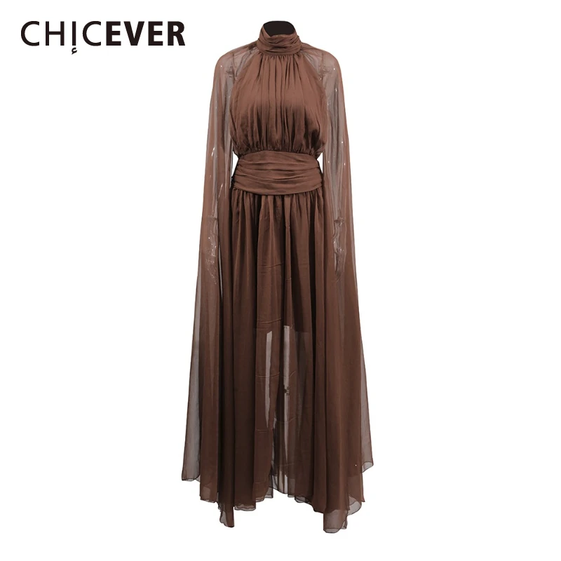 

CHICEVER Solid Sexy Spliced Backless Dresses for Women Stand Collar Shawl Sleeve High Waist Temperament Robe with Metal Female