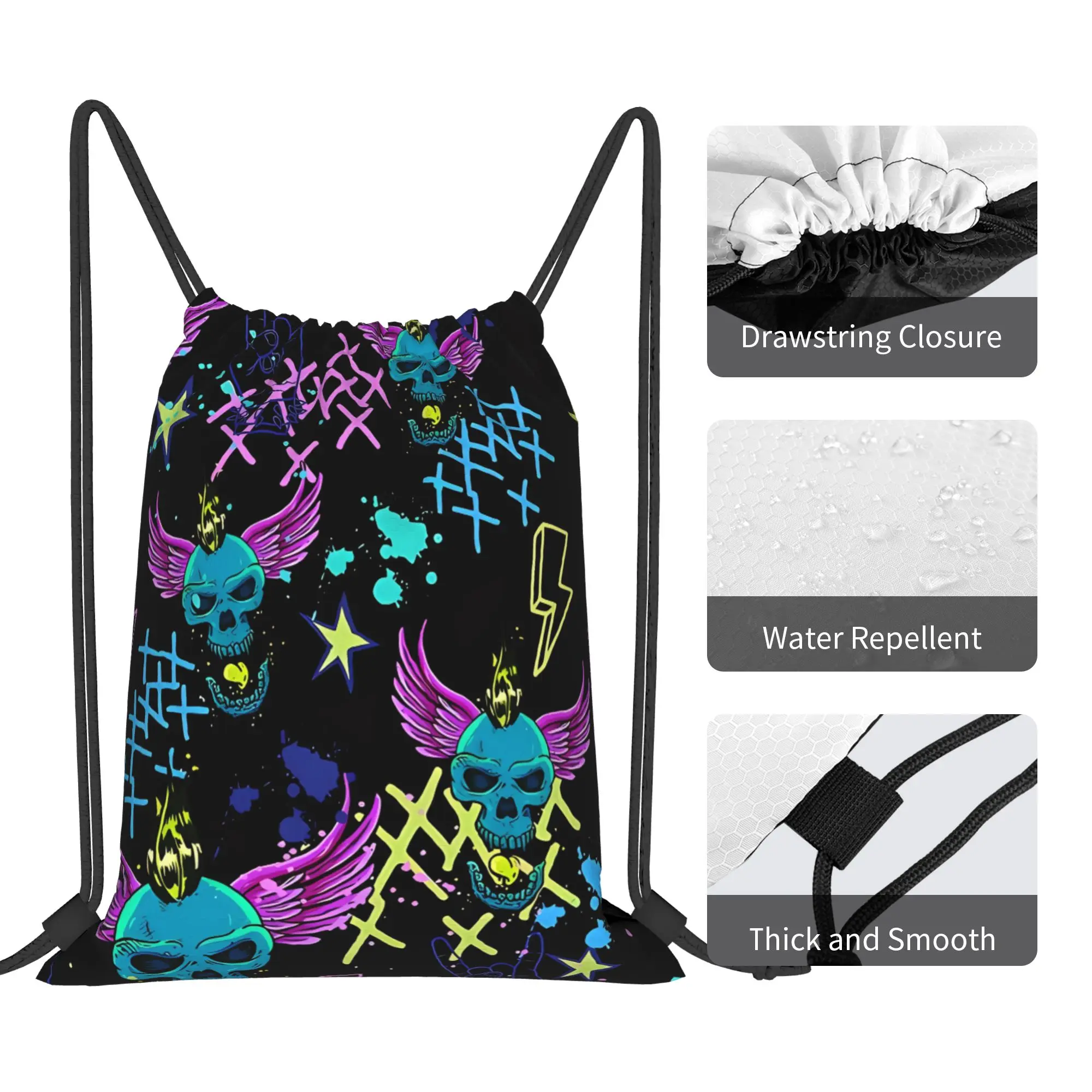Y2K Neon Punk Graffiti Portable Hiking Riding Gym Drawstring cool gift Storage Backpacks view 4