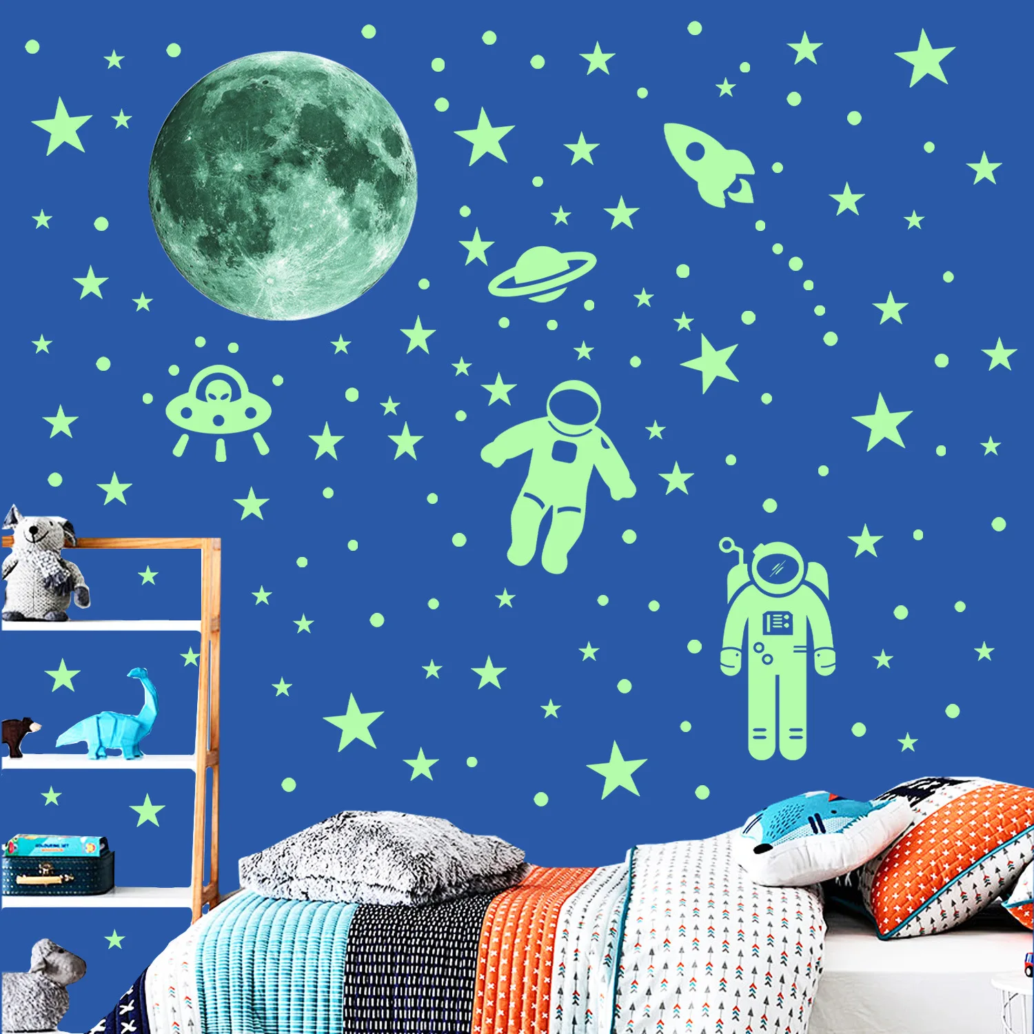 Glow in the Dark Space Astronaut & Spaceship Stars Wall Decals for Kids Room & Kindergarten, Fun Fluorescent Decor Stickers