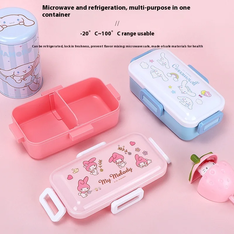 Caja Bento de personajes originales Sanrio Cinnamoroll My Melody, contenedor de almuerzo con cierre a presión de 4 lados de 525ml, almacenamiento de alimentos frescos Kawaii