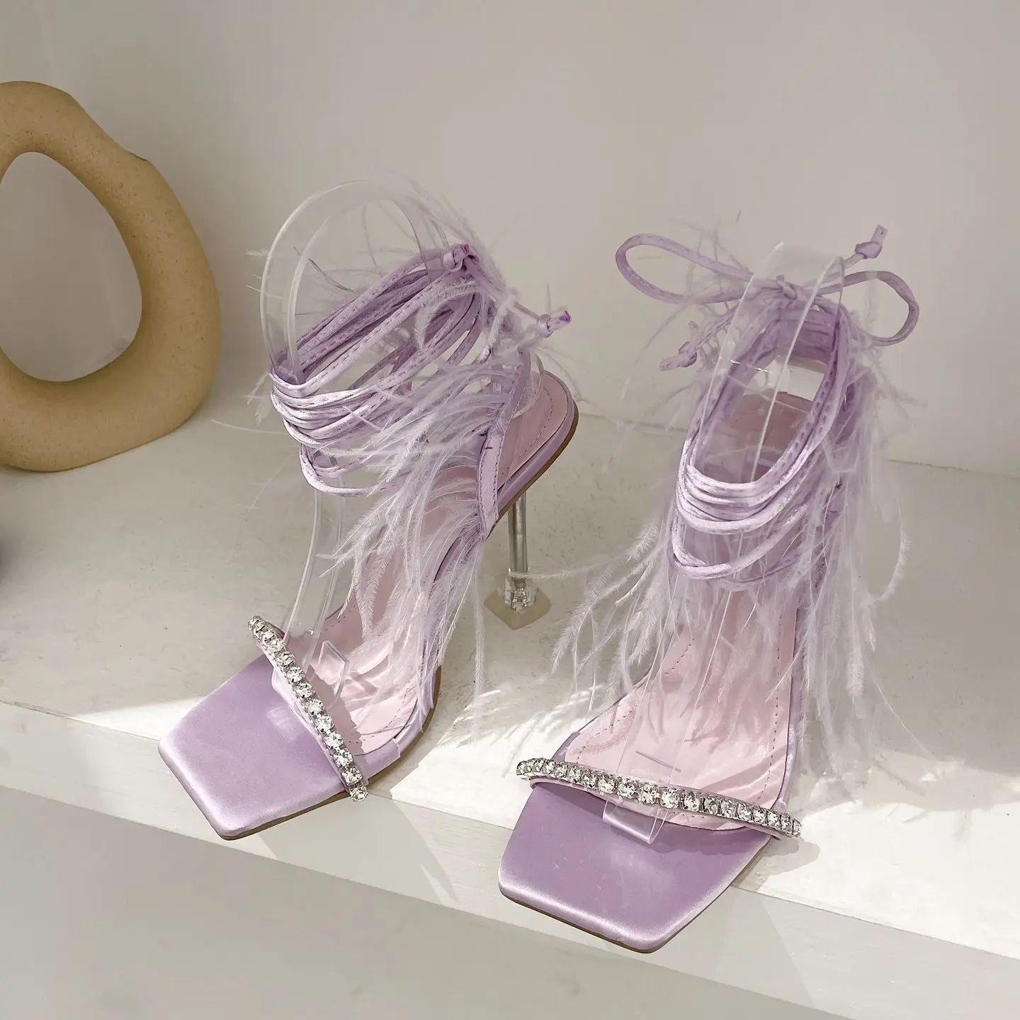 Roman Feather Rhinestone Square Toe High Heels Shoes Woman Summer Autumn Sweet Party Wedding Dress Sandals Woman view 3