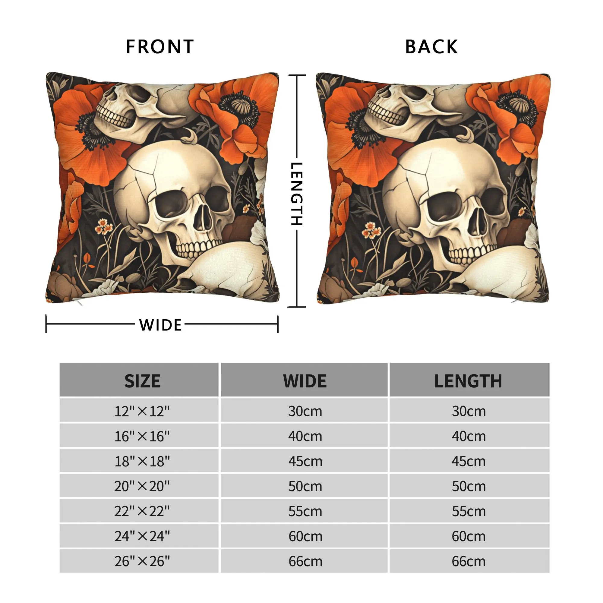 Pillow Cover Skull Orange Poppy Flower Seamless Pattern  Kawaii Pillow Case For Office Car Home Decor Pillowcases