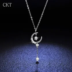 Luxury Platinum Pt950 Pendants 1 Carat Moissanite Diamond Necklace Women's Star Moon Fringe Clavicle Chain Wedding Jewelry