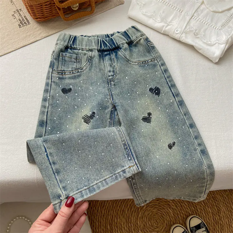 

Girls Full Print Heart Embroidery Jeans Pants Kids Loose Straight Demin Pants Children Clothes Fashion Wide Leg Trousers JY01101