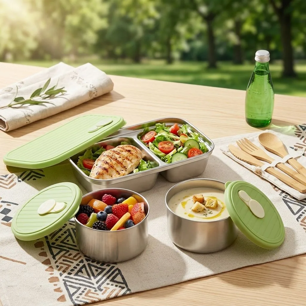 Microwave Safe 304 Stainless Steel Bento Box Adult Kids Lunch Box Set Meal Prep Food Storage Containers Kitchen Accessories