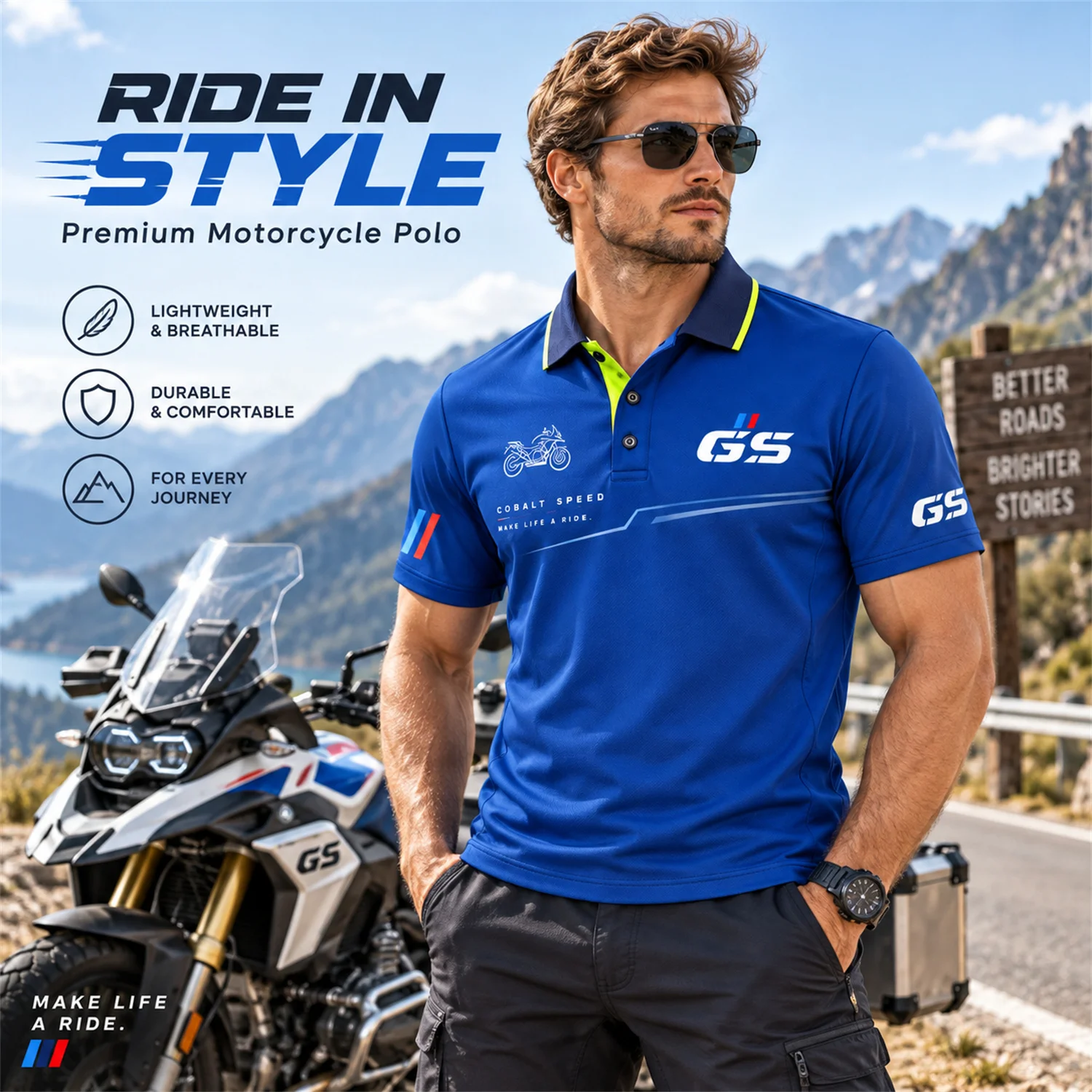 GS Motorrad Motorcycle Polo Shirt Cobalt Speed Graphic Print Short Sleeve Riding Jersey Unisex Biker Adventure Outdoors