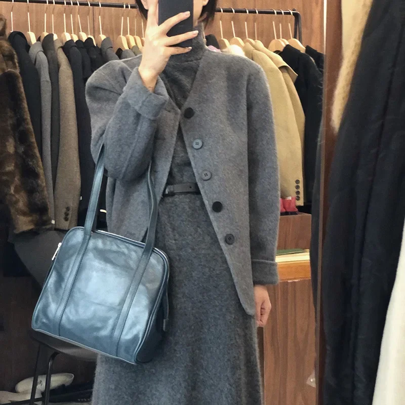 Gonna da donna in maglia alla caviglia con collo alto e temperamento, abito in lana sottile e allentato in cashmere per l'autunno e l'inverno