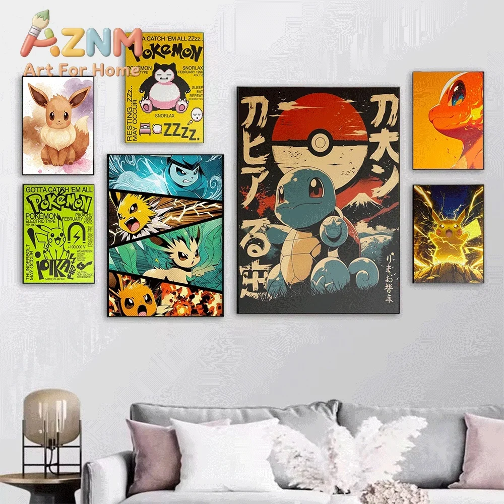 2D Flat Posters & Prints,Eeveelutions 3D Style Canvas Wall Art,2D Flat Frameless Anime Monster Print,Home Decor for Kids Bedro