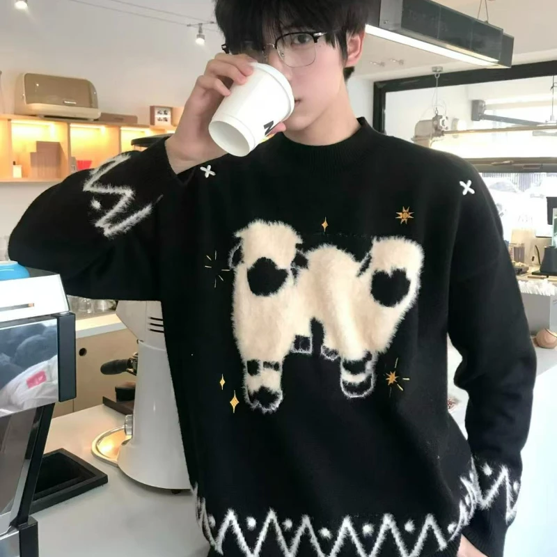 

Жаккардовый черный свитер в стиле ретро, мужской осенний свитер 2026, новый модный теплый вязаный свитер с откидной спинкой, высококачественный стильный пуловер