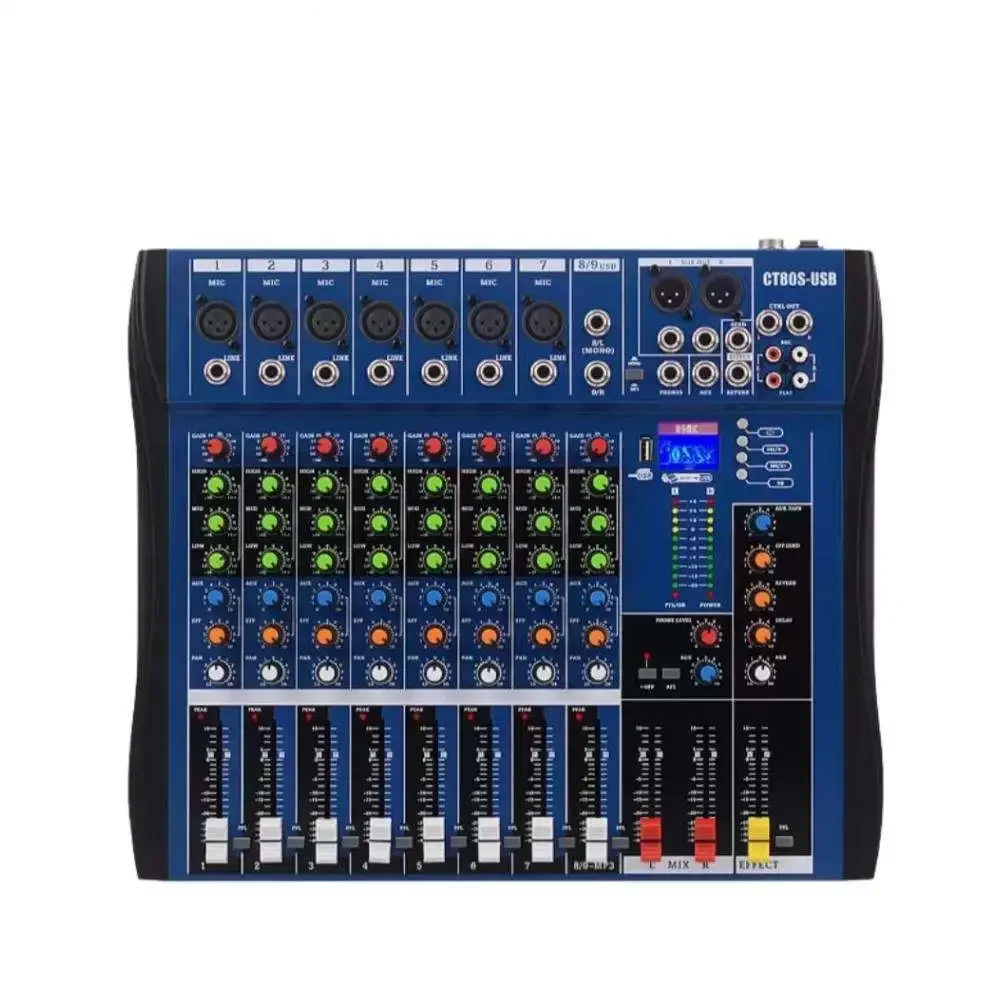 Gooermi Professional Audio CT-80S USB 8-Channel Streaming Noise Cancelling Studio Sound Mixer with USB for Stage DJ KTV Blue