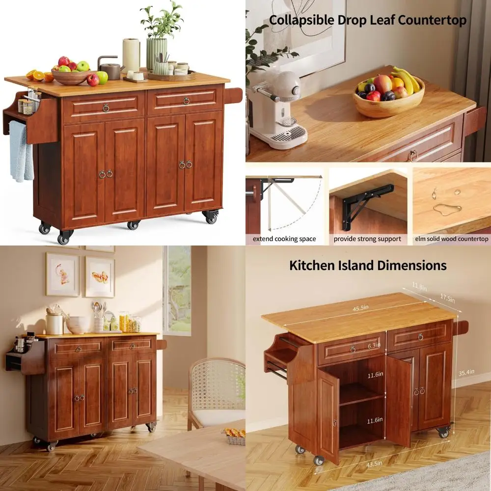 Aiho 52-inch Kitchen Island Cart with Storage, Rolling Table, Towel Rack, Spice Rack, and Drawer
