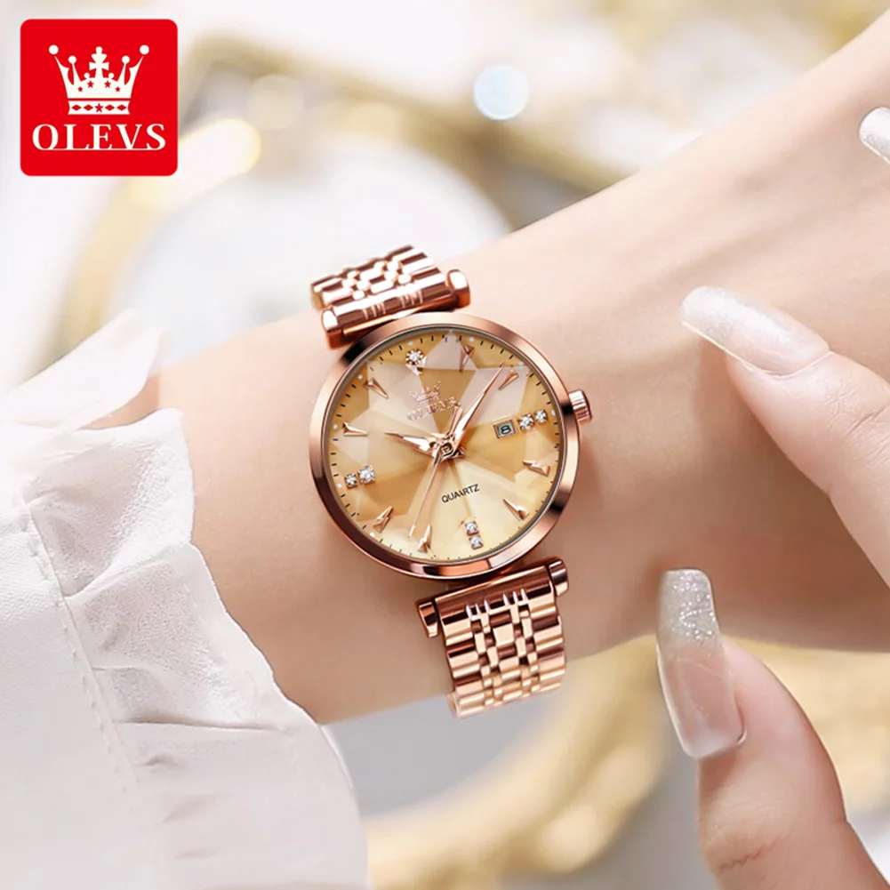 OLEVS Luxury Quartz Watch Women Rose Gold Solid Stainless Steel Strap Rhombus Design Elegant Original Brand Ladies Wristwatch