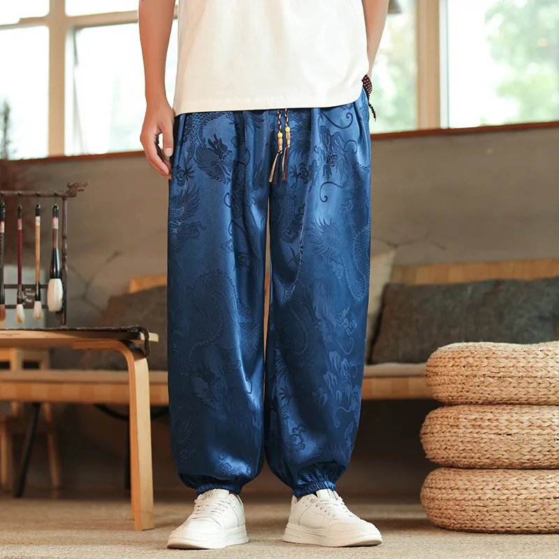 2026 New Outdoor Brand Pants For Men Lce Silk Dragon Dark Flower Loose Bloomers High Quality Wide Leg Casual Trousers Male