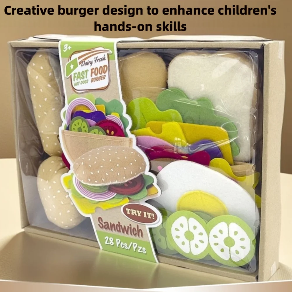 Un conjunto de Material de felpa, juego de comida de fieltro, almacenamiento portátil, juego interactivo para niños, comida creativa, sándwich de hamburguesa, juguete, juego para niños
