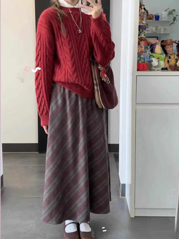 시사스 테마 티엔드 레드 니트 스웨터 여성용 패셔너블 겨울 상의 따뜻하고 편안한 루즈핏 롱 스웨트 크루넥