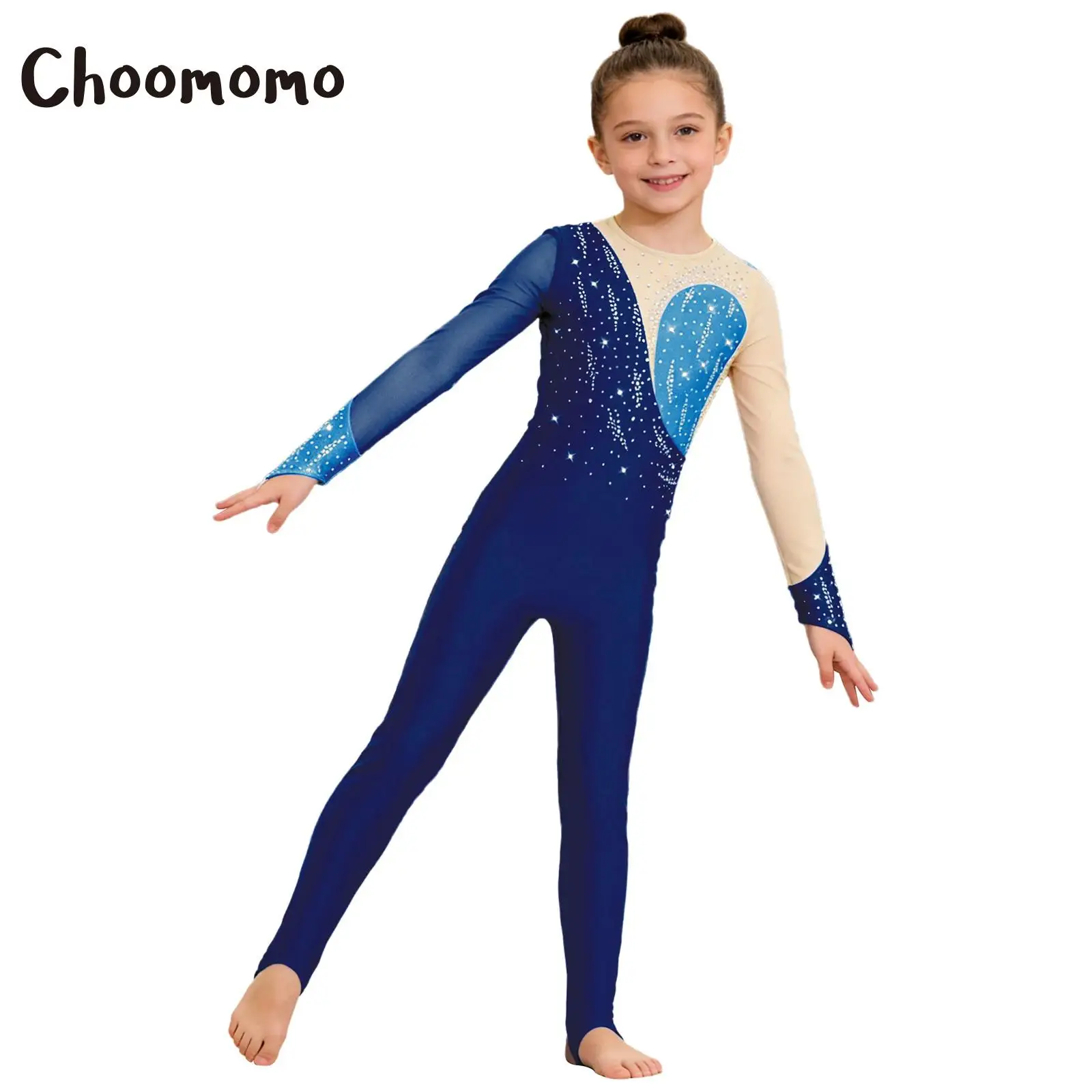 

Kids Girls Long Sleeves Figure Skating Full Bodysuit Ballet Unitards Sheer Mesh Shiny Rhinestones Stirrup Gymnastics Jumpsuit