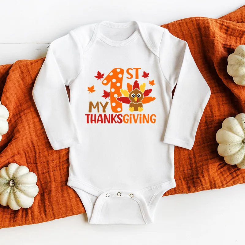 My 1st Thanksgiving Baby Bodysuit Newborn Infant Long Sleeve Romper Cute Turkey Print Baby Jumpsuit Thanksgiving Holiday Outfits