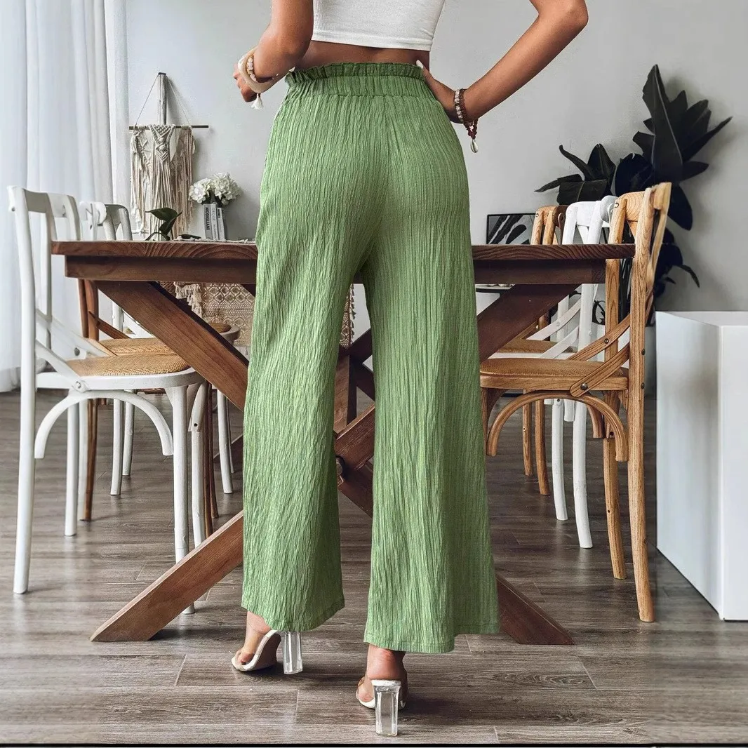 

Summer Women Pants Elastic Waist High Waist Light Green Trousers Pleated Full Length Beige Straight Leg Pants Wide Loose Fit
