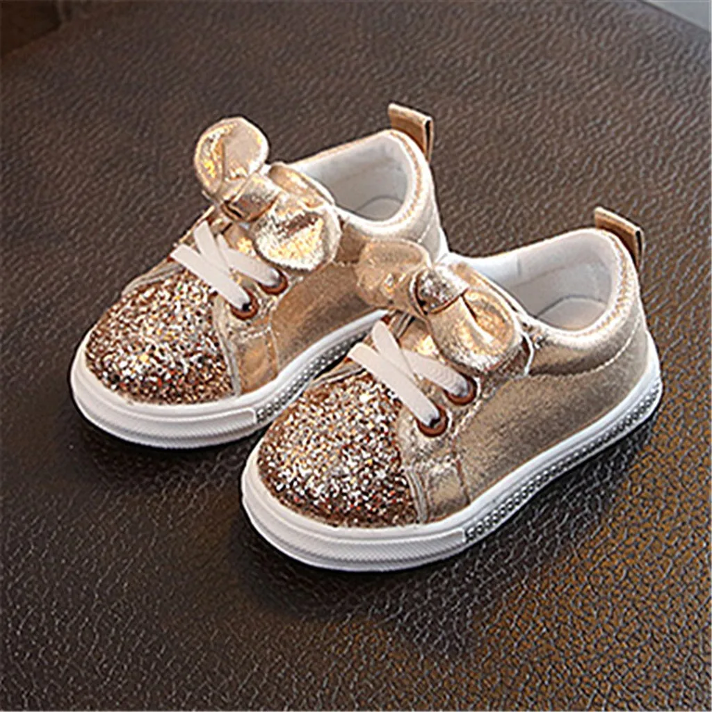 Sequins Shoes For Baby Girls Fashion Shiny Crystal Bowknot Baby Sport Shoes Girls Non Slip Comfortable Casual Walking Shoes