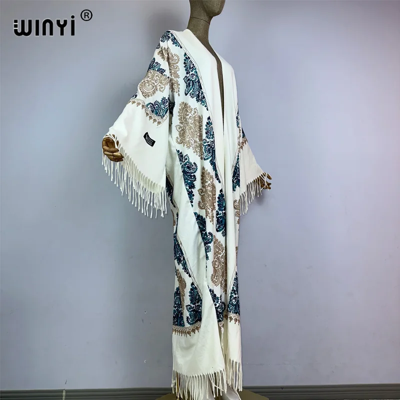 WINYI Donne di Inverno nappa Pashmina Ricamo Cappotto Lungo donna musulmana abiti abito abaya dubai lusso Medio Oriente Femminile KIMONO