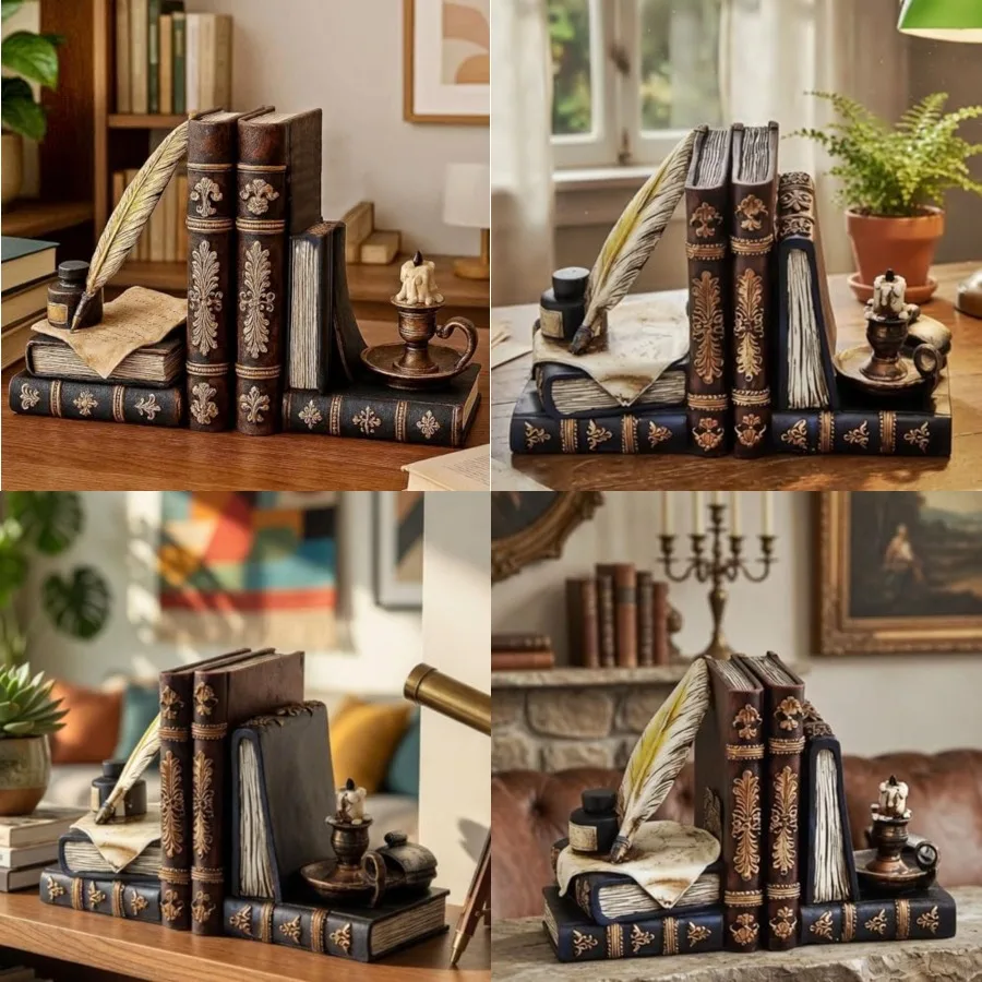 

Vintage Bookends Wizard Feather Quill Pen and Ink Bottle with Oil Lamp Set of 2, Magical Antique Bronze Decorative Book Ends fo