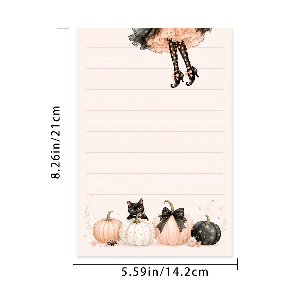 50 Sheets,Healing Pink Girly Pumpkin Black Cat Writing Paper, Lined, Glue-free, Perfect For Notebooks, Memos, And Stickers
