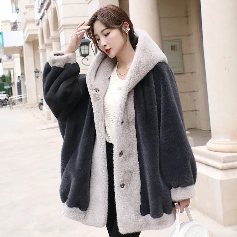Pop 2024 Winter New Mink Fur Coat Imitation Gold Mink Fur Integrated Women Mid Length Mesh Red Fur Thickened Versatile Oversize