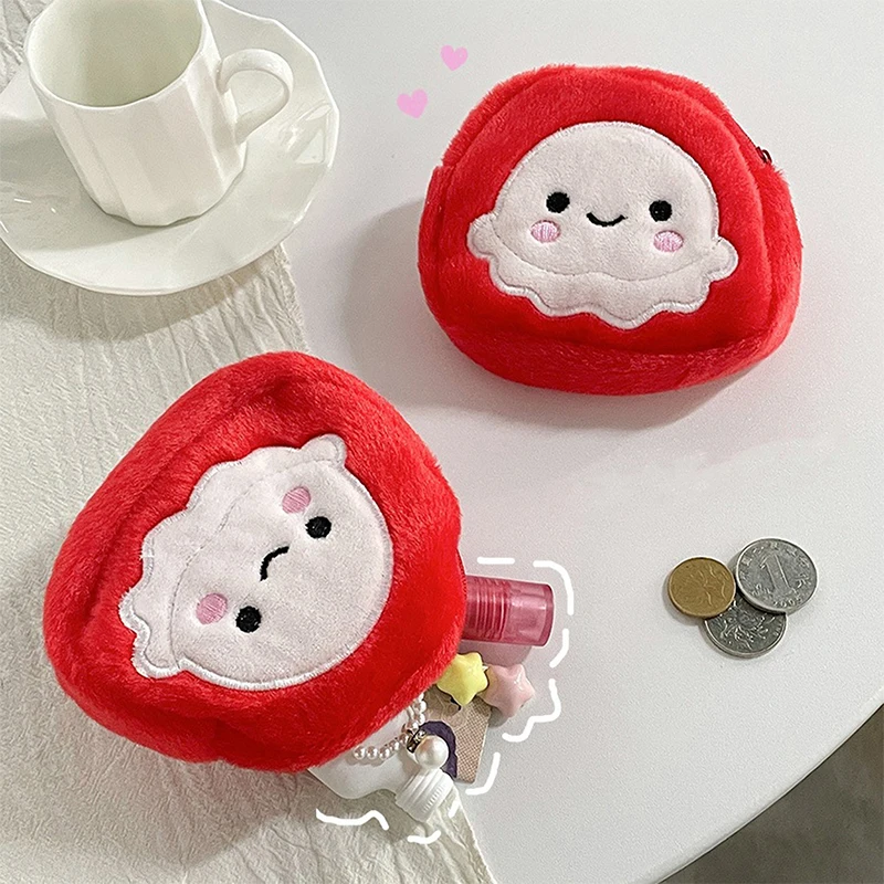 1Pcs Cute Cartoon Red Octopus Plush Coin Purse Portable Mini Zipper Wallet With Keychain Earphone Key ID Credit Card Storage Bag