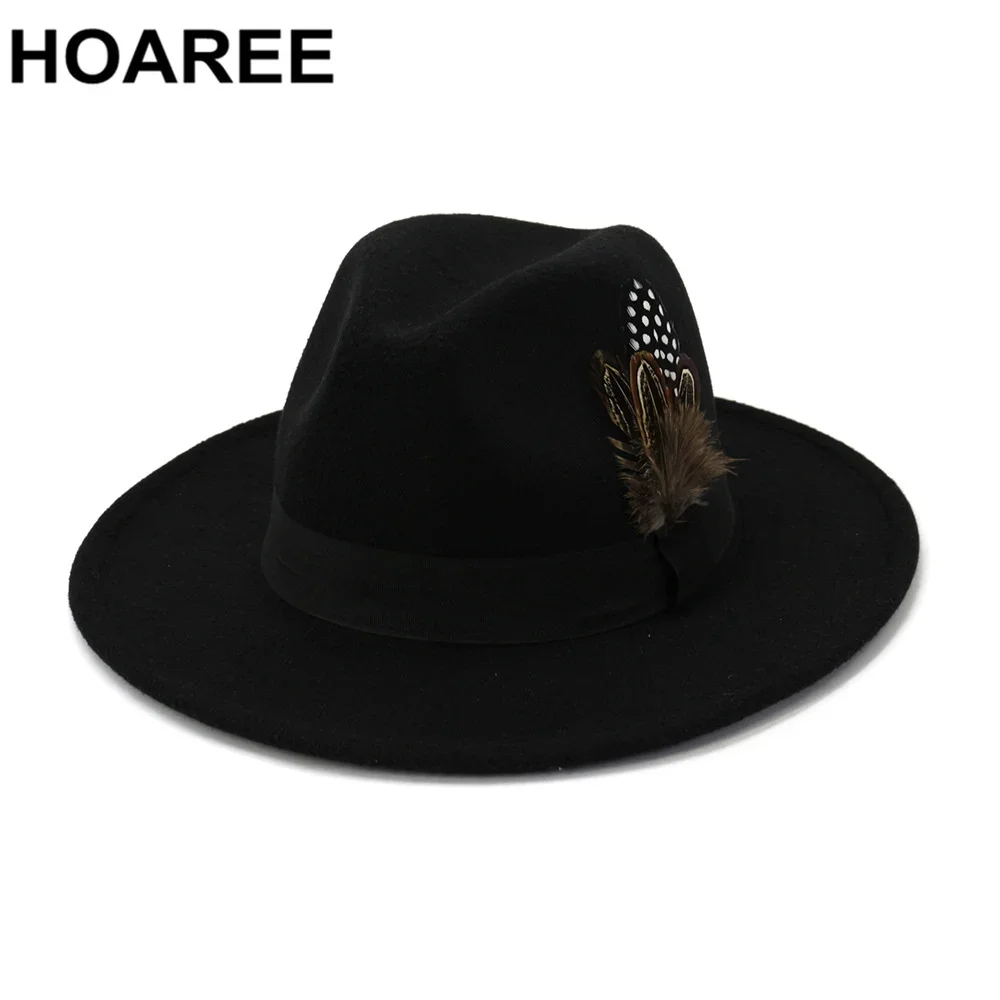 HOAREE Royal Blue Vintage Trilby Felt Fedora Hat with Feather Belt Women Men Church Hats Wide Brim Male Female Autumn Jazz Caps