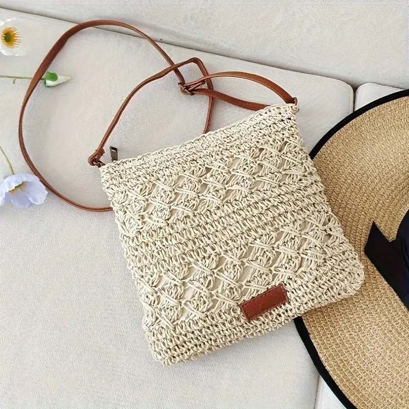 Fashion New Straw Woven Crossbody Bag, Solid Color Beach Style Shoulder Bag, Suitable for Seaside Vacation and Tourism Occasions