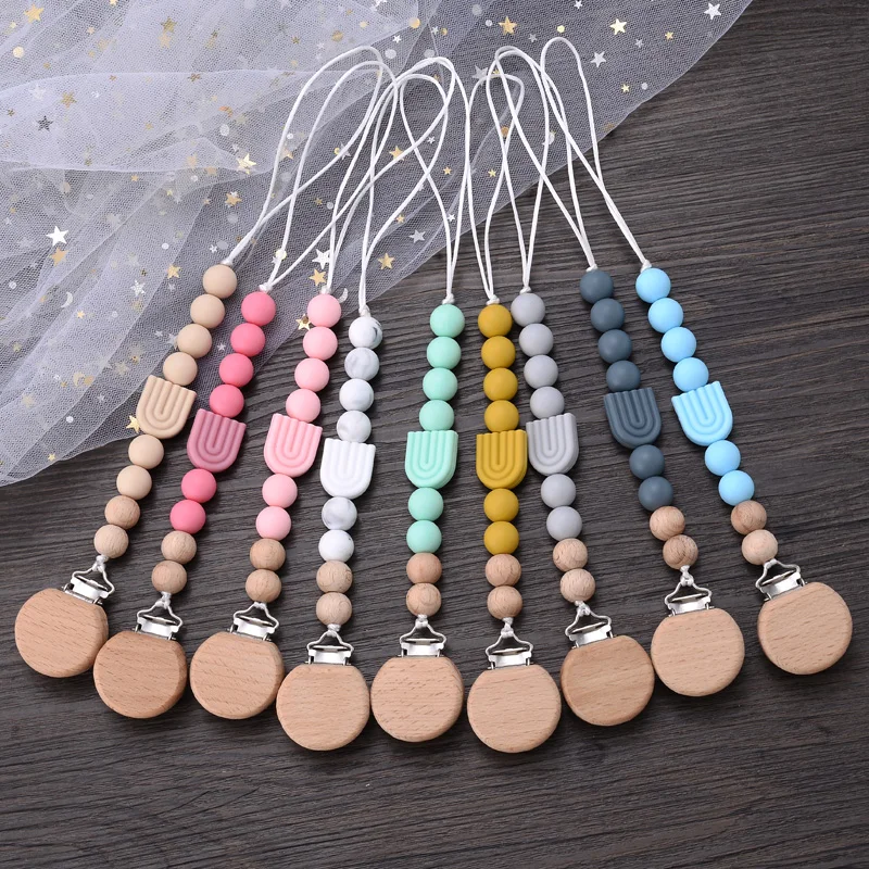 Baby Beech Pacifier Clip Baby Anti-drop Pacifier Chain Silicone Rainbow Beads Teething Chain Toy Gifts Dummy Holder Nipple Clip