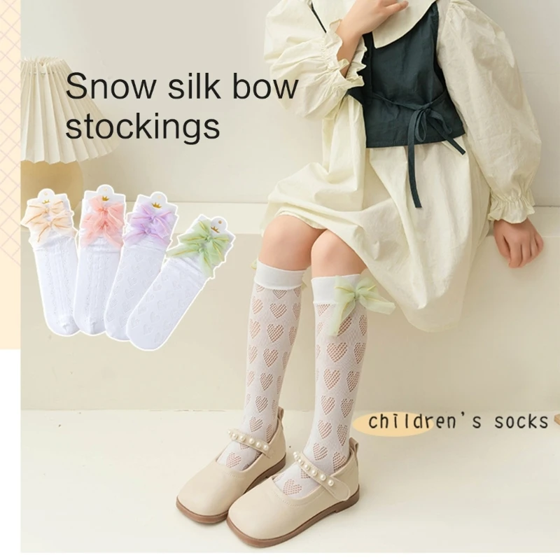 Knee High Socks Hollowed MidCalf Socks Little Girl Spring Stretchy Bowknot Trim Socks for School Girl Toddlers Socks