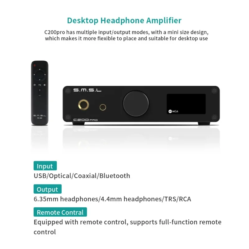 SMSL C200 Pro Decoder Headphone Amplifier USB DAC AMP XMOS XU-316 ES9039Q2M 4*OPA1612A 6.35/4.4mm Headphone Jack Bluetooth 5.1
