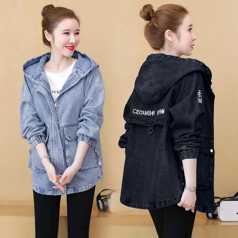 เกาหลีจดหมายปัก Denim Windbreak Coat สตรีฤดูใบไม้ผลิฤดูใบไม้ร่วง Hooded ซิปใหม่กางเกงยีนส์ใส่สบายแจ็คเก็ตหญิง